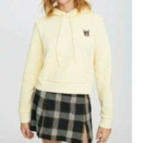 Aritzia Sunday Best Yellow Crop Hoodie Bulldog Dog Puppy Embroidered Patch Large - Picture 11 of 11